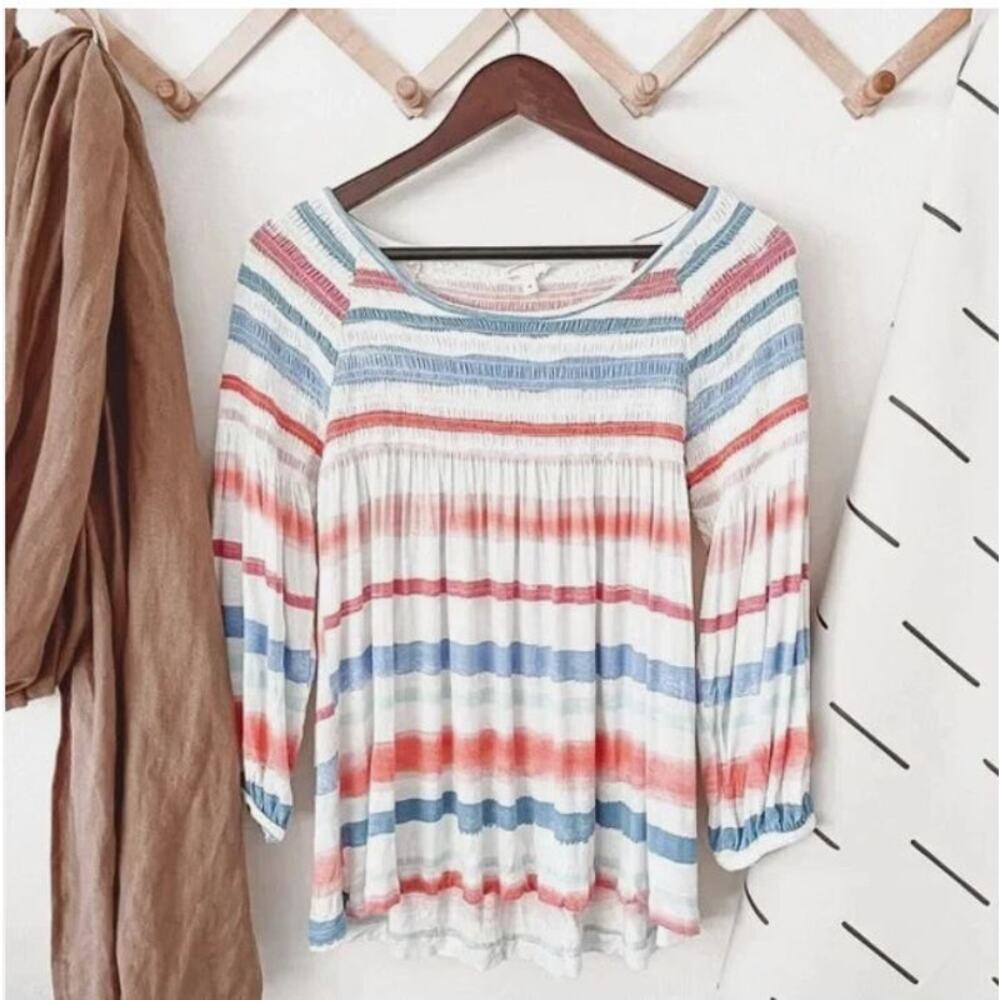 Anthropologie Meadow Rue Smocked Striped Tunic Top Blouse S